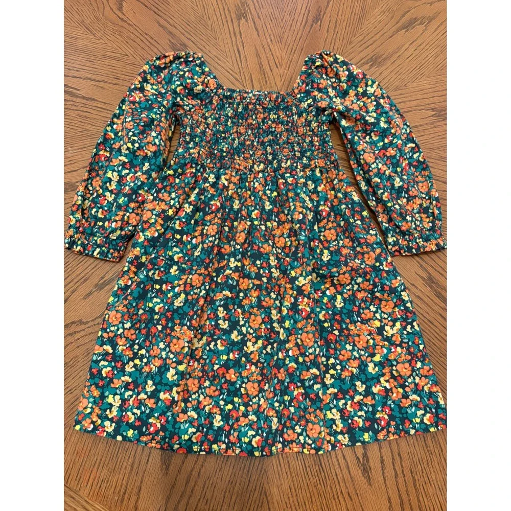 Crewcuts J.Crew Girls Smocked Floral Dress Long Sleeve Size 5 Teal Orange Fall‎